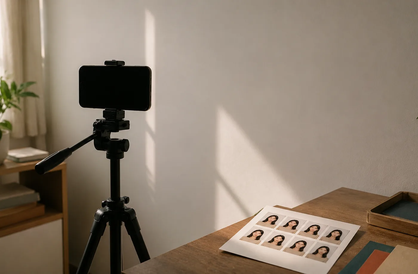 At-home ID photo studio setup with camera and proof sheet