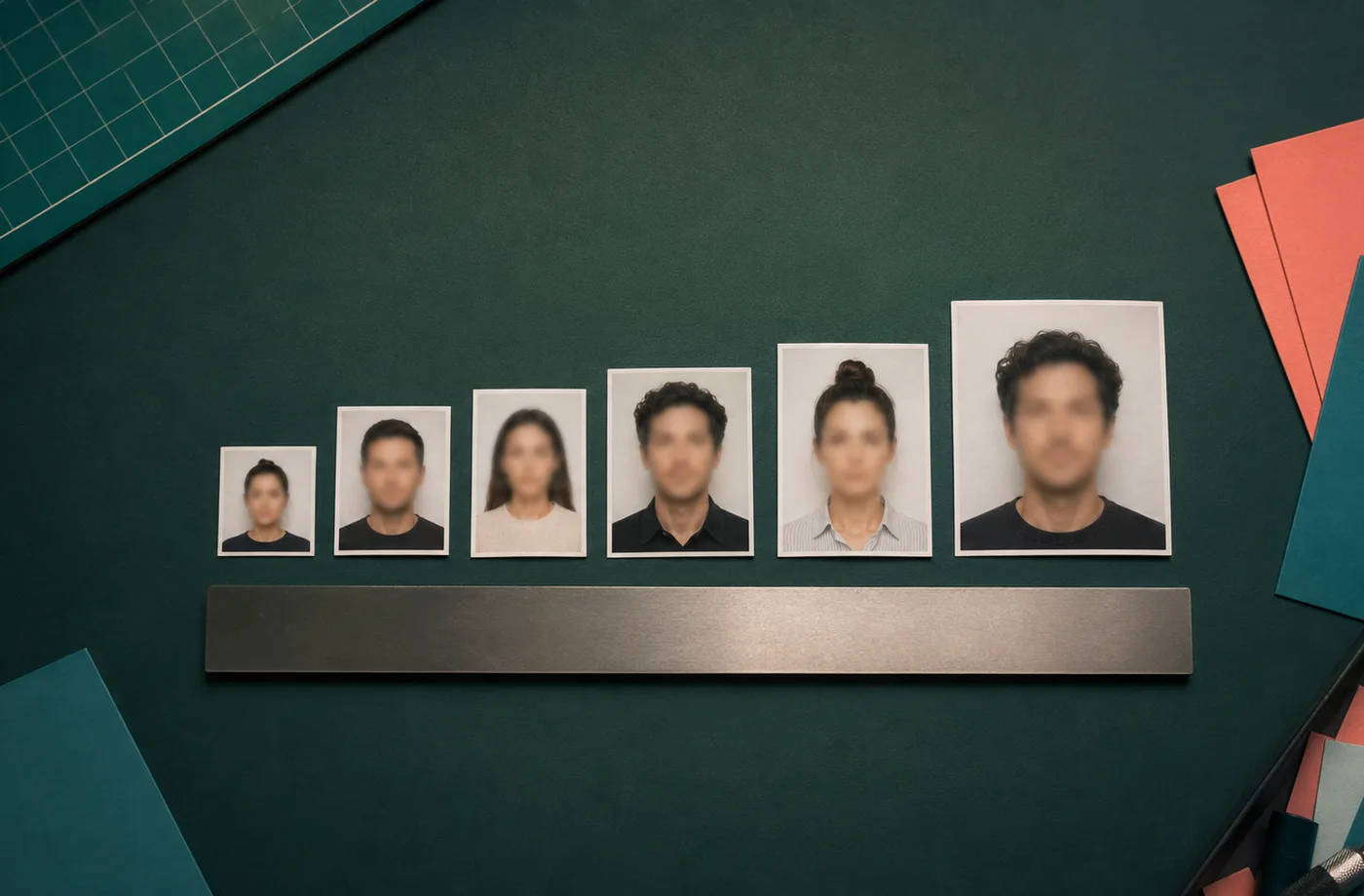ID photo size comparison sheet with millimeter and pixel guides